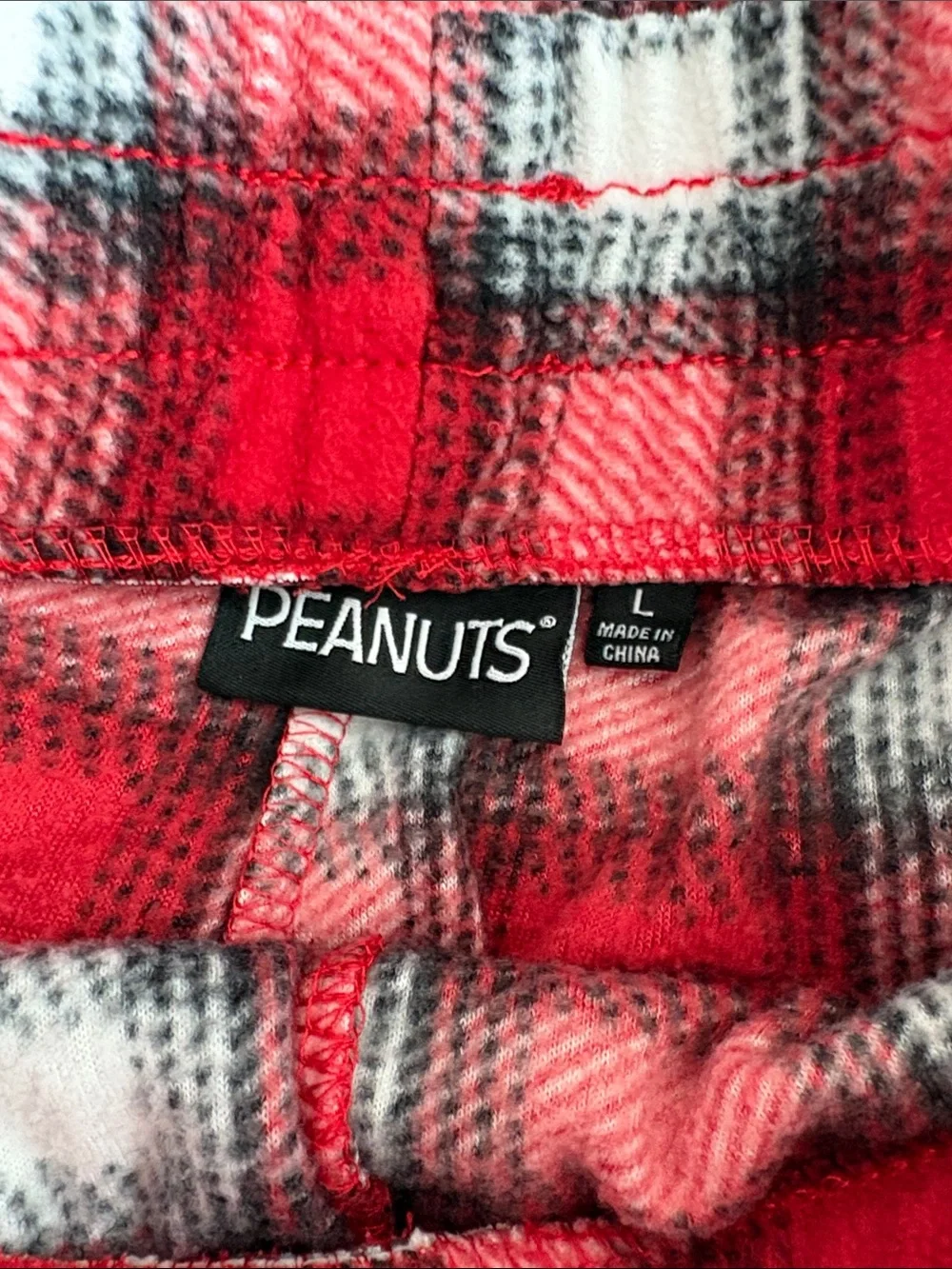 Peanuts Red Black White Plaid Fleece Pajama Bottoms with Snoopy Embroidery